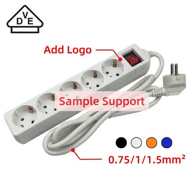 5 밴드 확장 소켓 3x1.5mm2x5m VDE 유연 케이블 전원 스트립 어린이 보호 및 10/16A 등급 전류